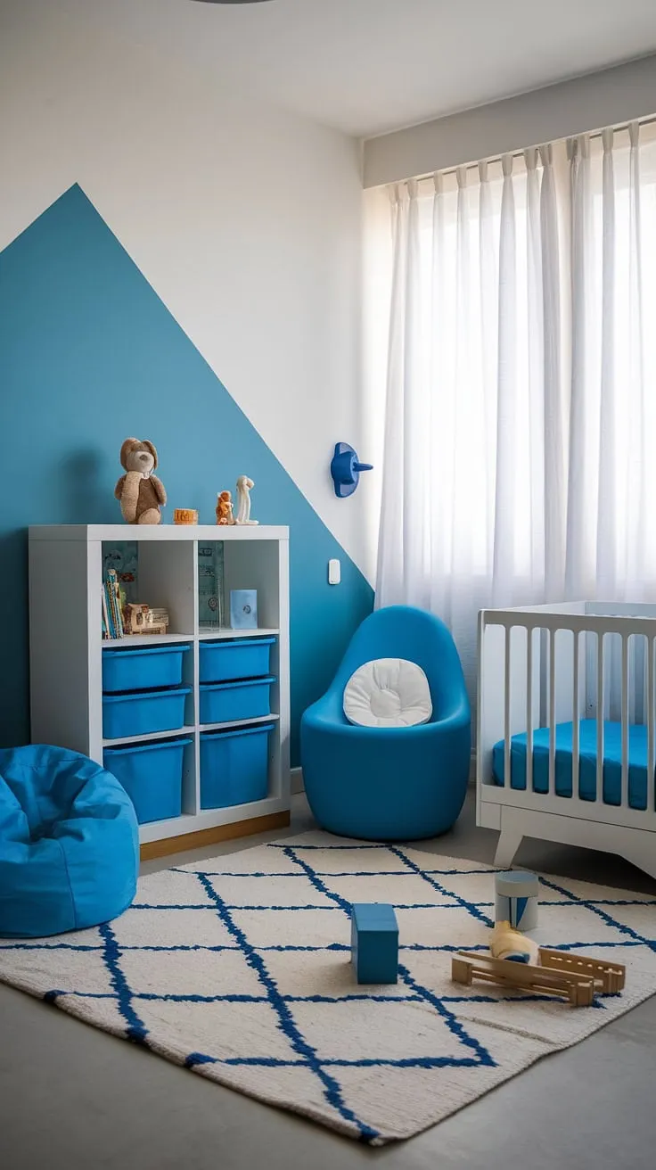 Serene and stylish, this nursery is a haven of calm. The blue and white color palette creates a peaceful atmosphere, perfect for restful sleep and playful adventures. A thoughtfully curated space where dreams are made and memories are formed.