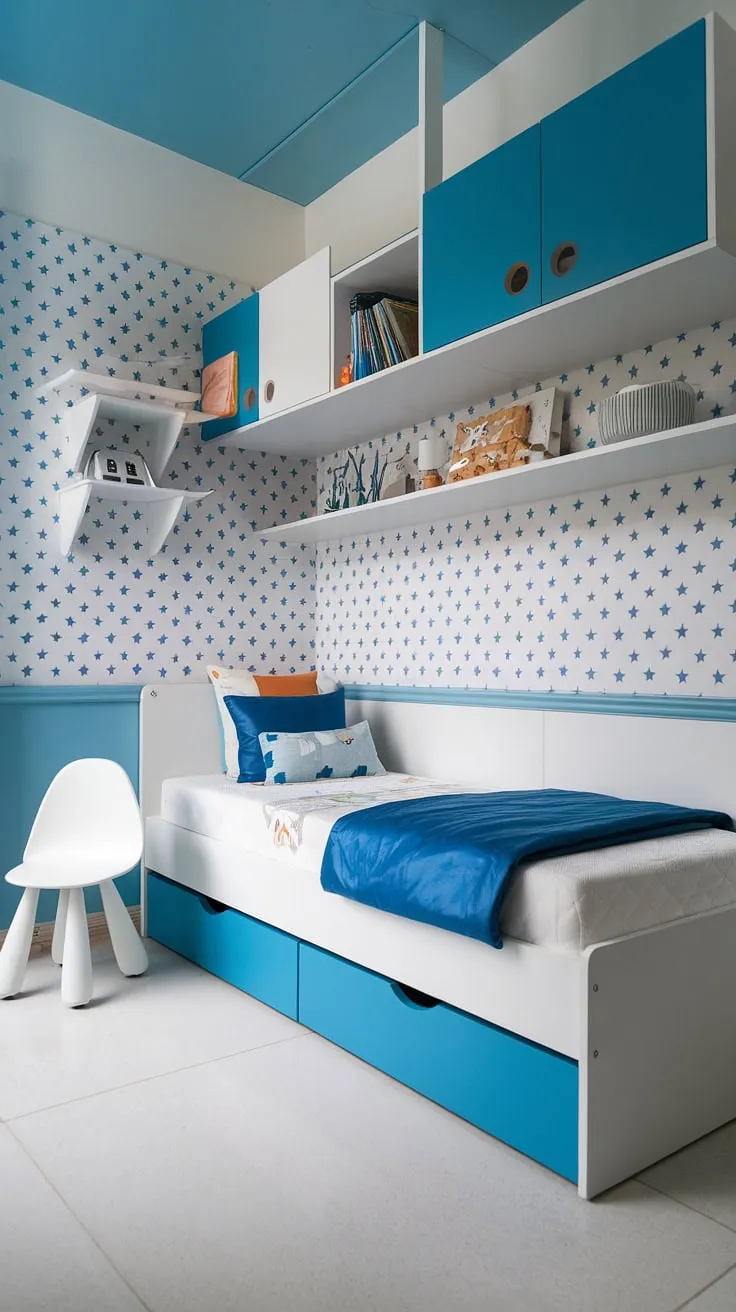 Sweet dreams are made of this: A calming blue and white haven, perfectly designed for restful nights and imaginative days. The built-in shelving provides ample storage, keeping the space feeling open and airy.