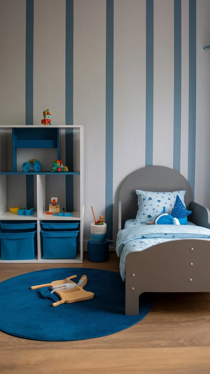 A dreamy escape for a little dreamer. This modern nursery, with its calming blue and grey tones, offers a space for restful sleep and imaginative play. The carefully curated details, from the striped wallpaper to the thoughtfully chosen toys, create a room that's as stylish as it is functional. A truly inspiring space for a growing child.