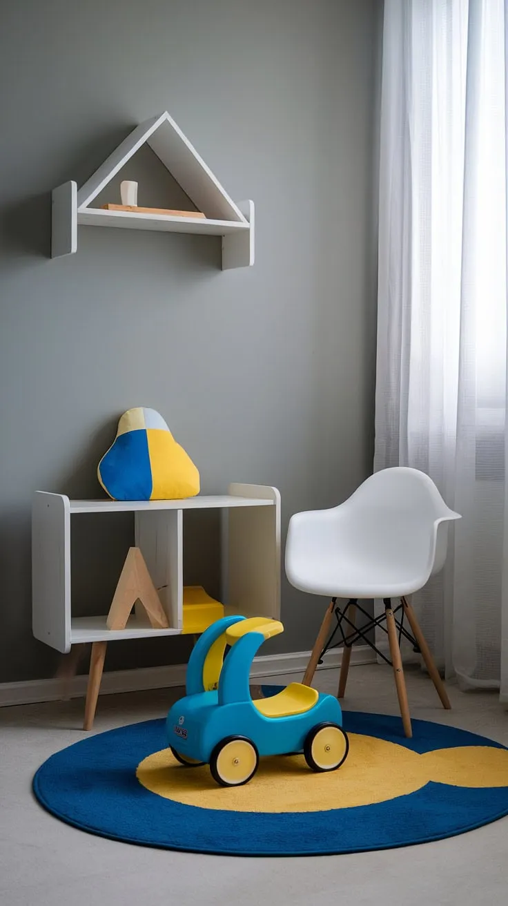 This modern kid's room is a testament to the power of simple design. The muted gray walls provide a neutral backdrop for pops of vibrant blue and yellow, creating a cheerful and stimulating environment. A space where creativity can flourish.