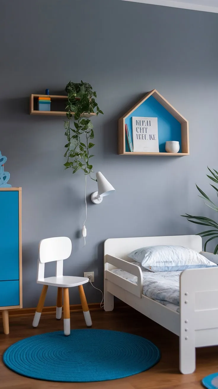 This calming grey and white bedroom creates the perfect sanctuary for restful nights and imaginative days. The pops of blue and green add a playful touch, while the simple wooden furniture and ample storage ensure a tidy and organized space. A perfect blend of style and functionality for a growing child.