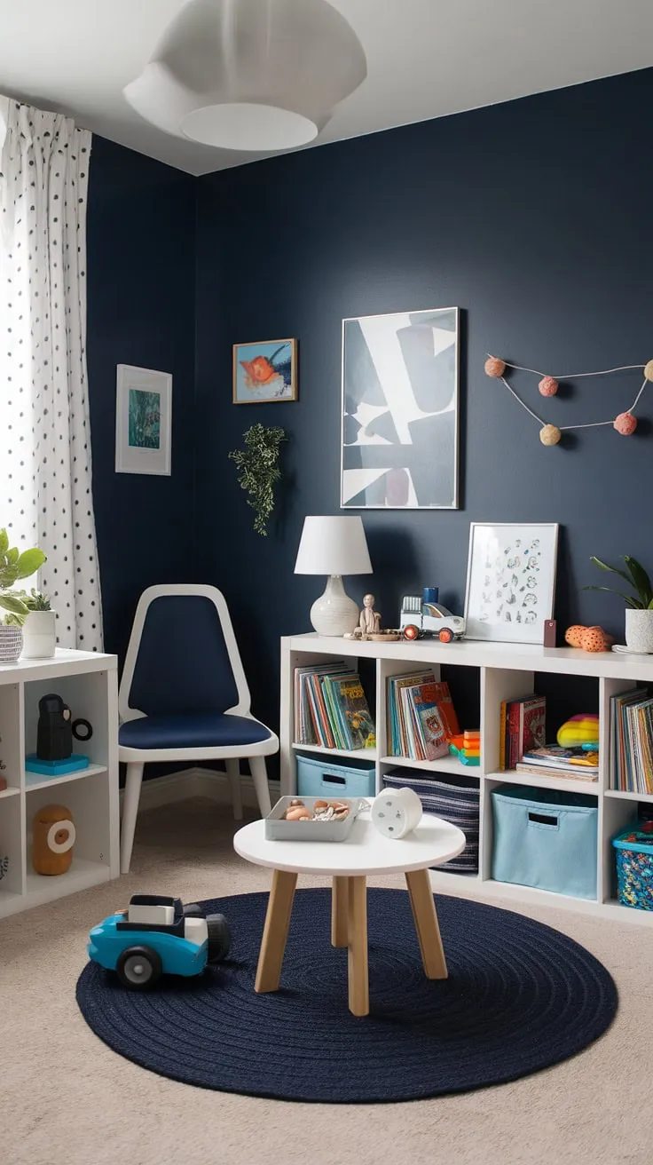 This navy and white haven is the perfect blend of playful and sophisticated, a space where imagination thrives. The carefully curated books and toys, nestled amongst the stylish furniture, create a calming yet stimulating environment for a young mind. A perfect example of how a child's room can be both fun and functional.