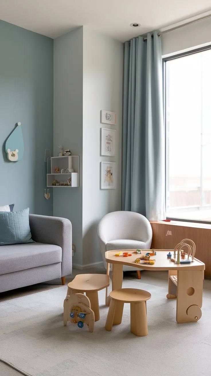 This toddler boy's room is a perfect blend of modern design and child-friendly functionality. The light blue walls and grey rug create a neutral backdrop, while the wooden play table and comfortable seating offer a welcoming space for play and relaxation. A thoughtfully curated space for a happy and healthy childhood.