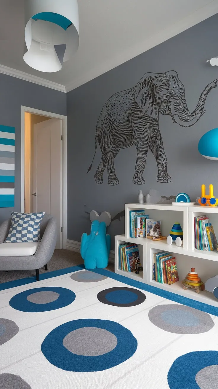This little one's room is a haven of playful sophistication. The gray walls, accented with a charming stenciled elephant and pops of blue, create a calming yet stimulating space for learning and growing. A perfect blend of style and functionality, it's a room where imagination can run wild.