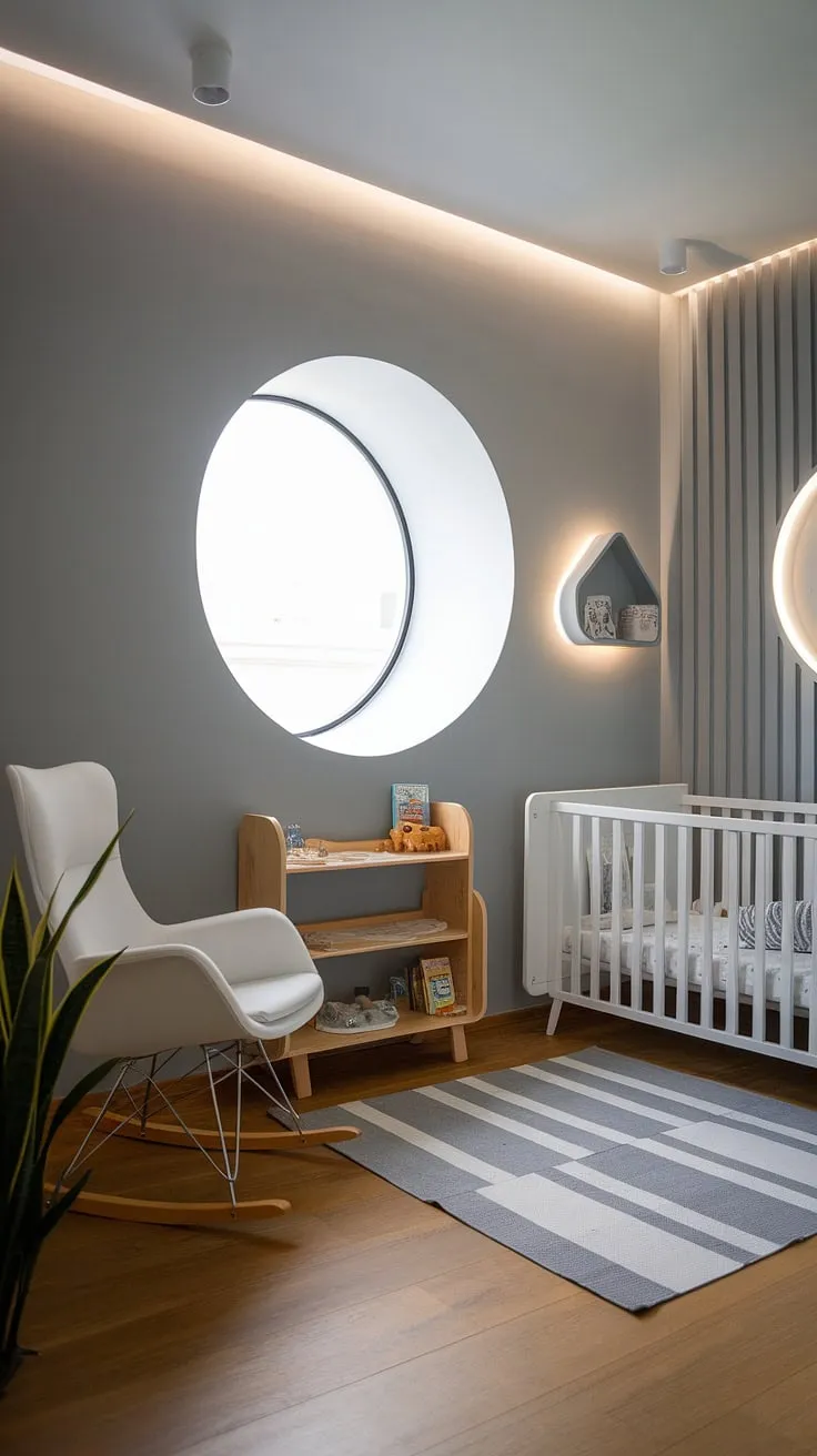 Soft light streams through the round window, illuminating this calming nursery. A simple yet stylish space designed for peaceful slumber and happy playtime, complete with a cozy rocking chair for late-night cuddles and a sturdy wooden bookshelf for growing adventures. A perfect haven for a little one.