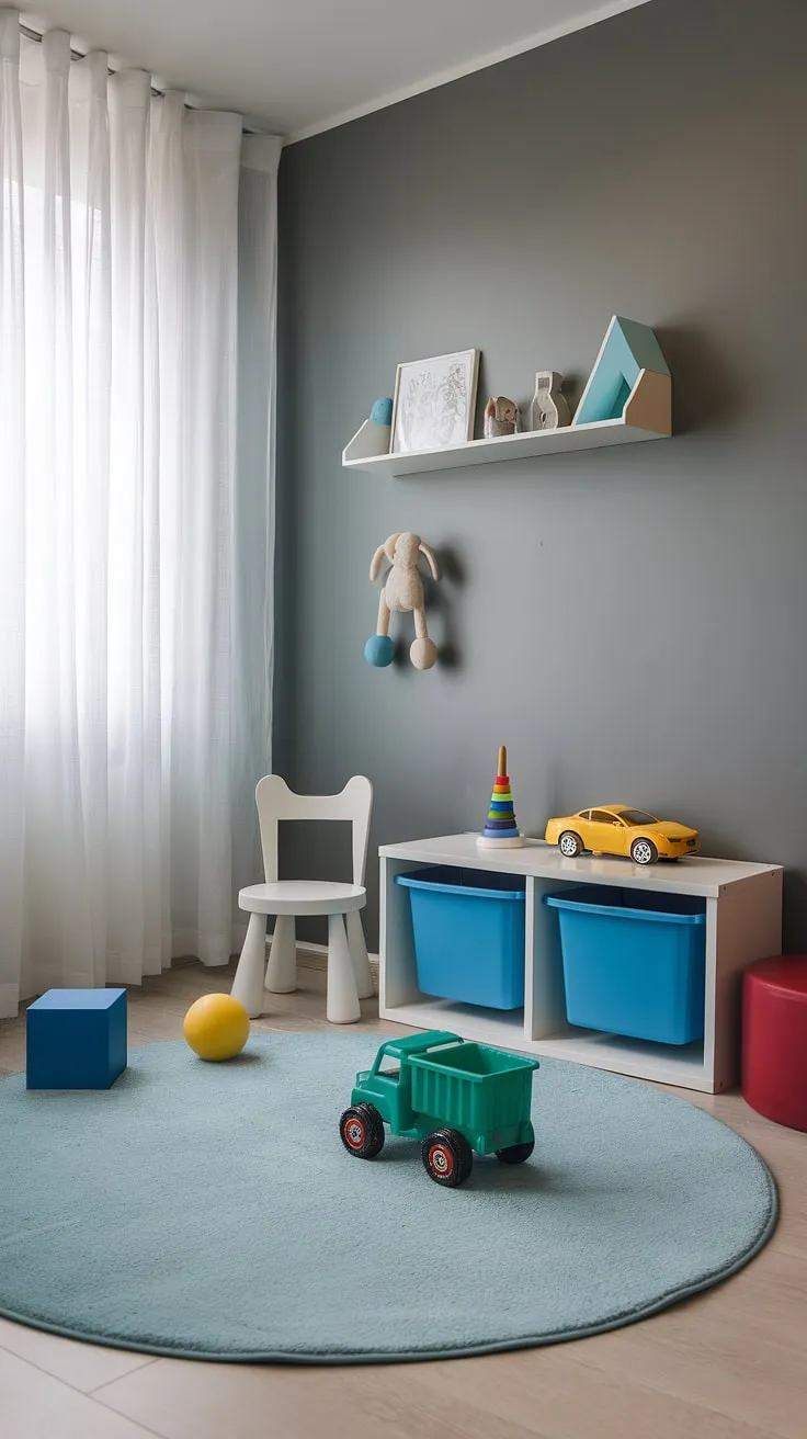 A minimalist nursery, thoughtfully curated to stimulate a young mind. The calming gray walls provide a neutral backdrop for the vibrant toys, while the functional storage keeps things tidy. A space designed for both play and rest, ensuring a peaceful and inspiring environment for this little boy's development.