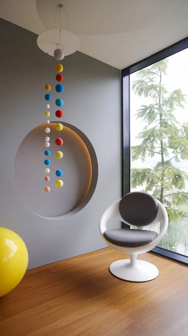 a thoughtfully designed space, this boy's bedroom seamlessly blends modern aesthetics with childlike wonder. The gray walls, accented by a circular cutout showcasing a colorful mobile, create a unique focal point. A white chair and yellow ball add playful pops of color against the wood floors, completing this serene and stylish retreat.