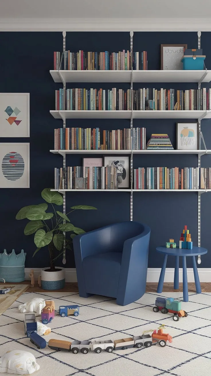 This navy-blue haven is a perfect blend of playful and sophisticated, where imagination takes flight amidst a curated collection of books and toys. The calming atmosphere, accented by pops of green and white, creates a space where learning and creativity thrive. A child's sanctuary, thoughtfully designed for quiet contemplation and joyful exploration.