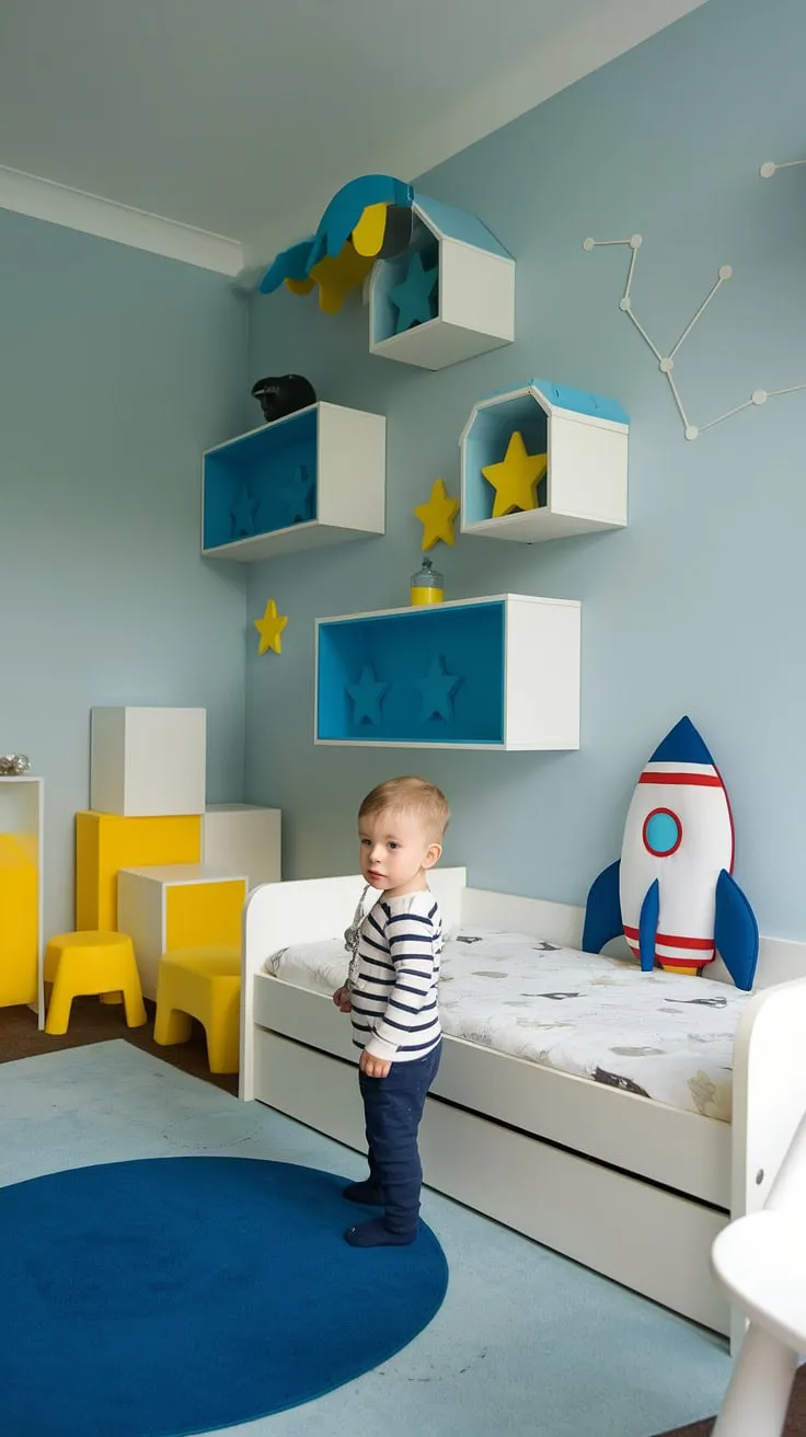 Blast off to dreamland! This little astronaut is ready for adventure in his stellar space-themed bedroom. The perfect blend of playful and calming, it's a room where imagination takes flight. A truly out-of-this-world nursery.