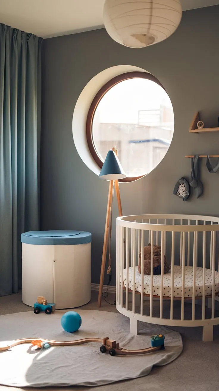 Soft light streams through the round window, illuminating this little one's minimalist haven. A calming grey palette, punctuated by pops of blue, creates a serene space for peaceful slumber and playful adventures. The carefully curated toys and simple furniture ensure a clutter-free environment conducive to healthy development.