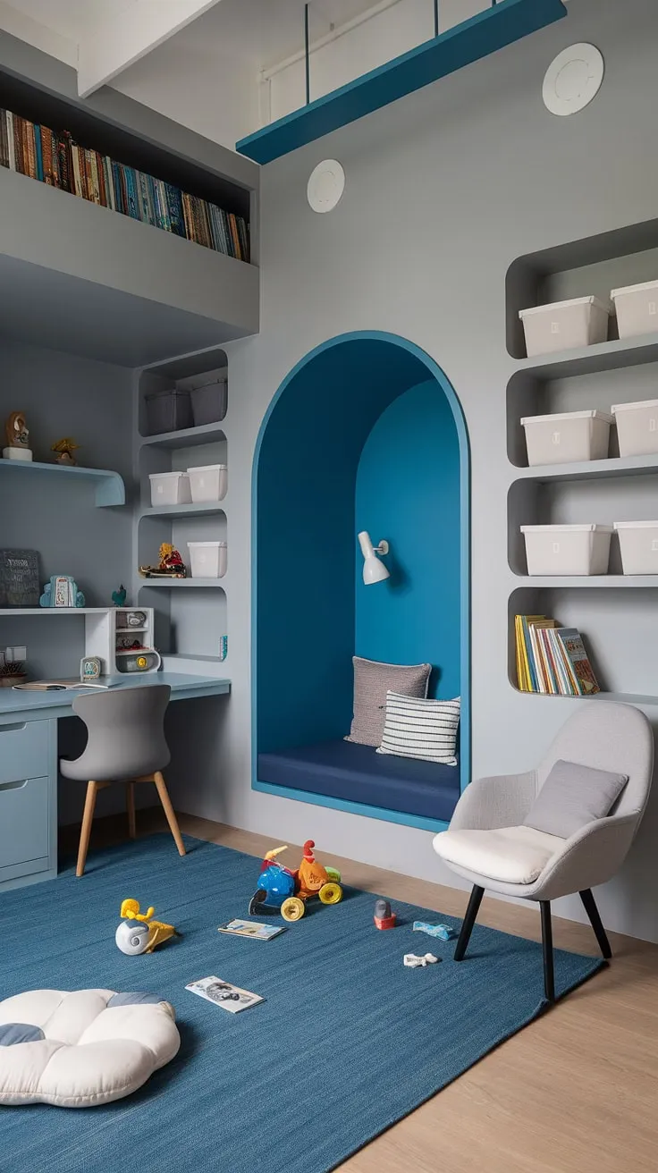 Gray and blue hues create a serene atmosphere in this stylish kids' room. The elevated desk and bookshelf maximize space, while the comfy reading nook invites quiet moments. A perfect blend of functionality and fun, this room fosters both learning and imaginative play.