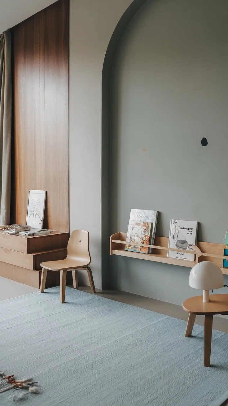 A thoughtfully designed kids' room, showcasing a beautiful contrast between the grey and wood textures. The wooden chair and shelf, complete with books and a lamp, add a touch of personality to this calming space. A truly inspiring room for learning and growing.