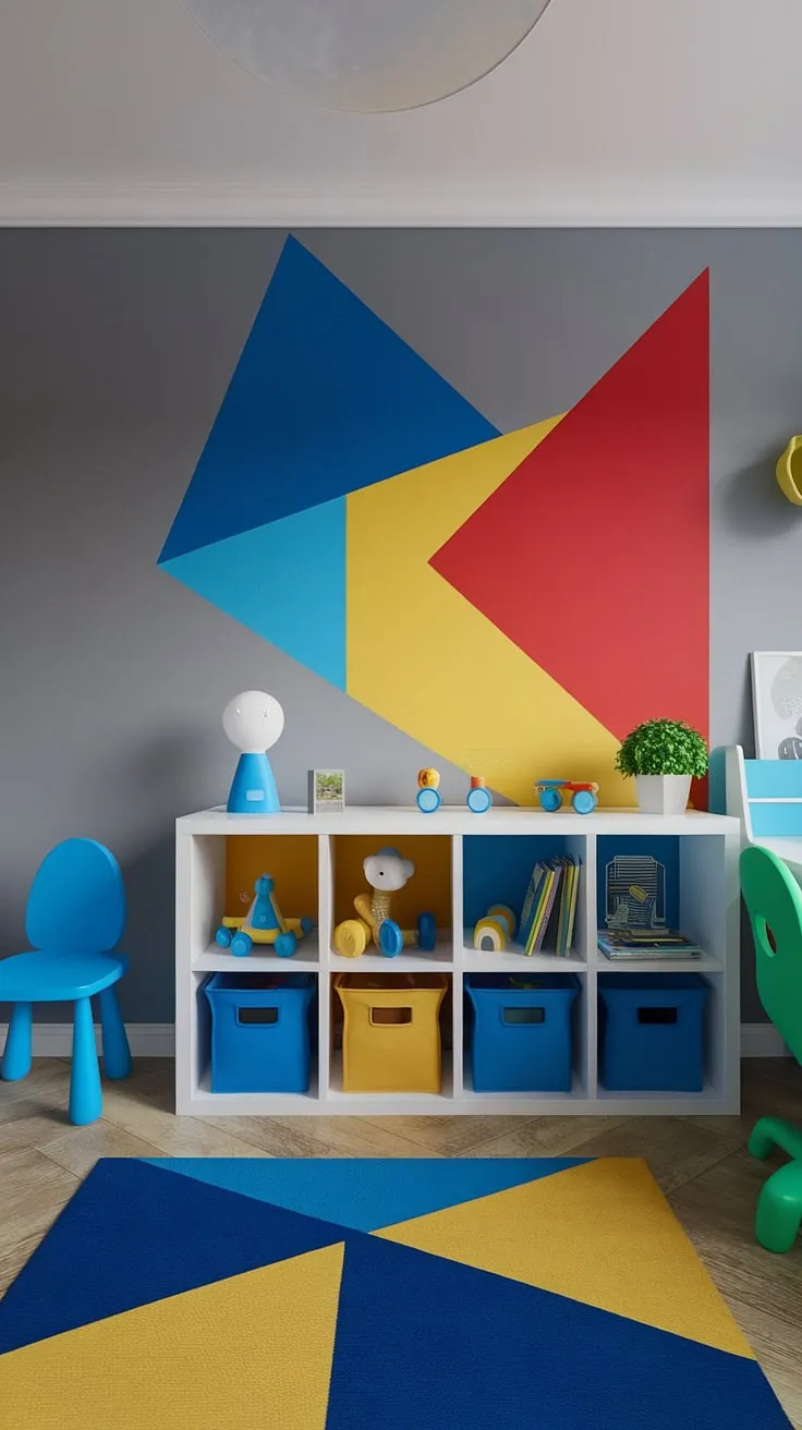 A thoughtfully designed space for a little one to grow. The bold geometric wall art adds a touch of modern sophistication, while the colorful toys and furniture create a fun and engaging environment. This room is a testament to the power of playful design.