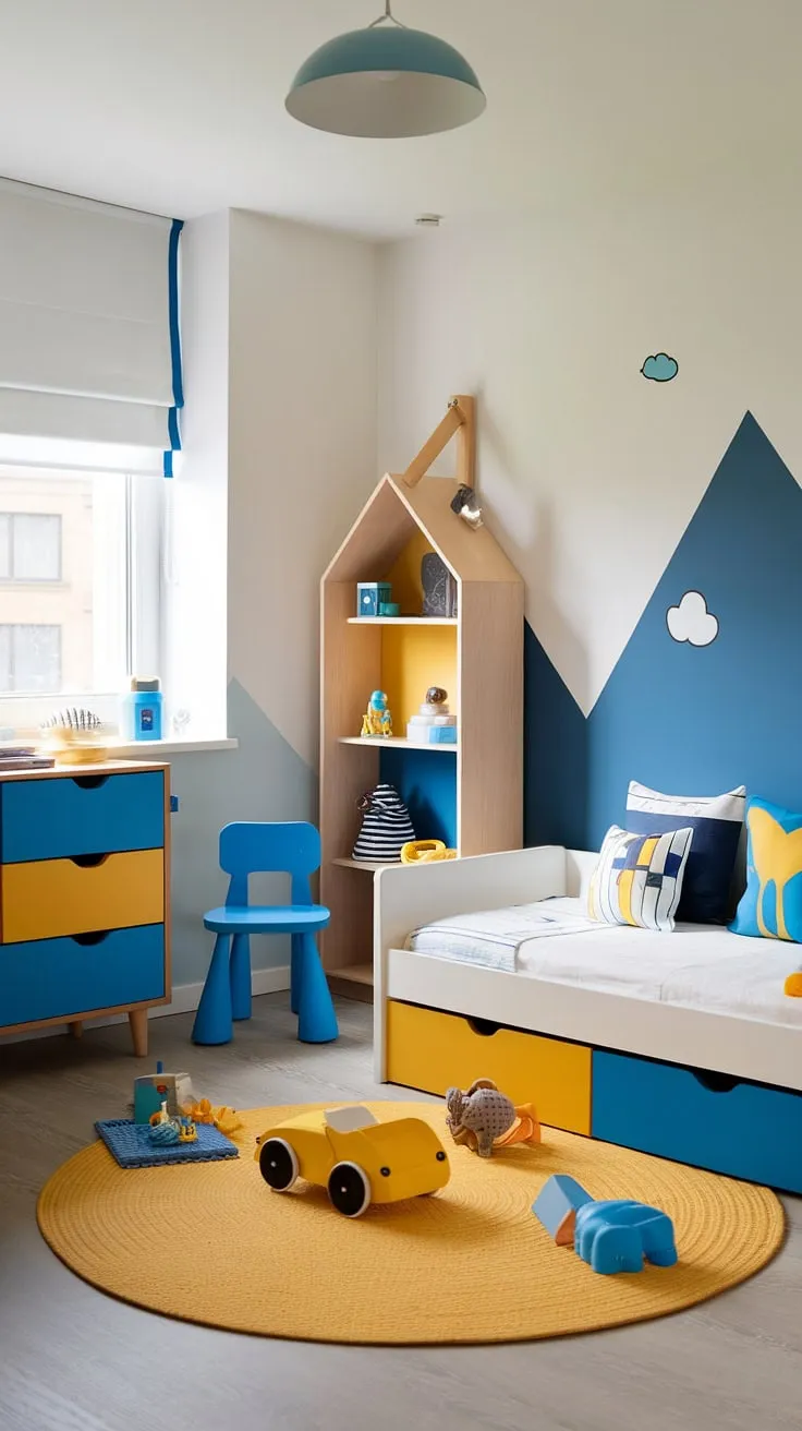 Sunshine and slumber in this perfectly styled toddler boy's room. The calming blue and yellow color palette, combined with the playful touches, creates a space where dreams are made and adventures begin. A haven of comfort and imagination, designed for sweet dreams and happy days.