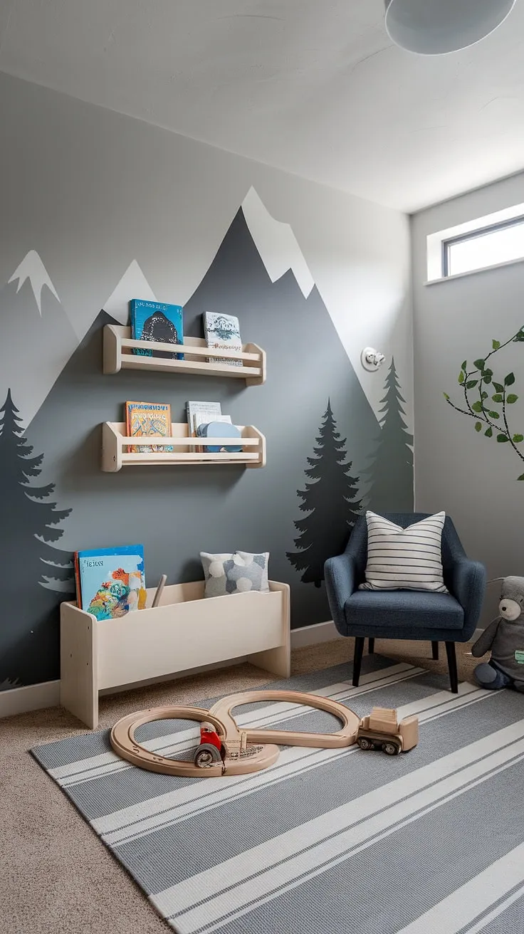 This toddler's room is a testament to thoughtful design. The stunning mountain range mural, paired with pops of blue and green, creates a vibrant yet serene atmosphere. It's a space where learning and play seamlessly coexist, fostering a love of nature and adventure.