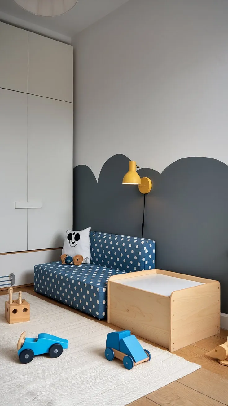 This little one's room is a perfect blend of playful and sophisticated. The gray and white walls create a calming backdrop for the pops of blue and yellow, while the wooden accents add a touch of warmth. A cozy space where imagination can run wild, filled with just the right amount of toys for a toddler.