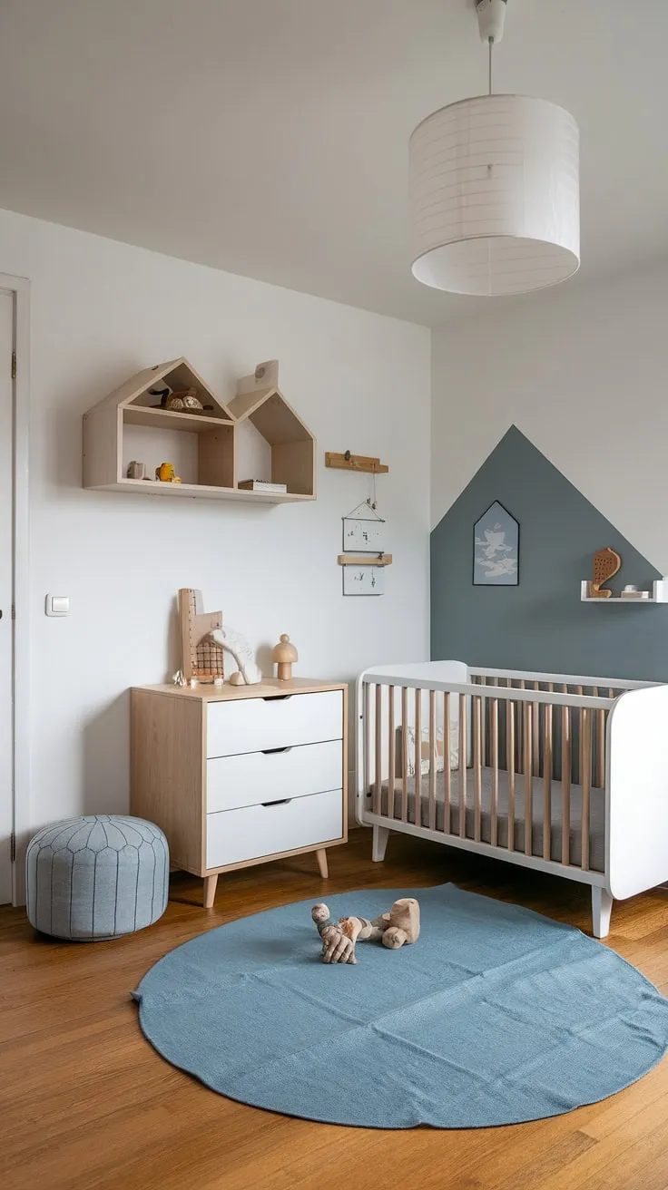 Sweet dreams are made of this: A minimalist nursery designed for peaceful slumber and playful exploration. The calming white and wood tones create a haven for your little one, fostering a sense of calm and wonder. A perfectly curated space for your precious baby.