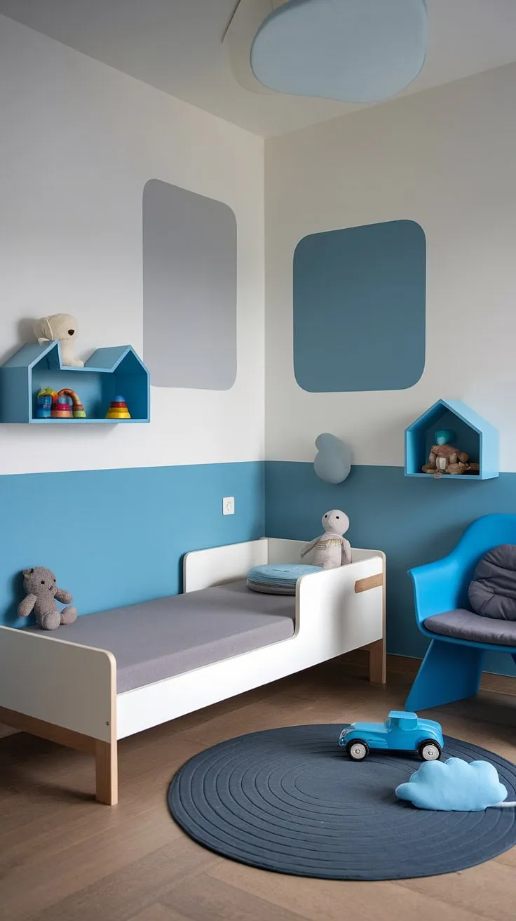A calming sanctuary for sweet dreams and playful days. This modern kid's room, with its sophisticated blue and grey palette, offers a space for creativity and relaxation. A testament to how thoughtful design can create a truly special environment for a child to thrive.