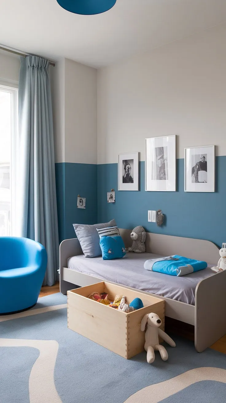 Serene and stylish, this toddler's room balances playful elements with a sophisticated color palette. The calming blue and grey tones create a restful atmosphere, perfect for sweet dreams and imaginative play. A wooden toy chest adds a touch of warmth, while black and white photos on the walls provide a sophisticated contrast.