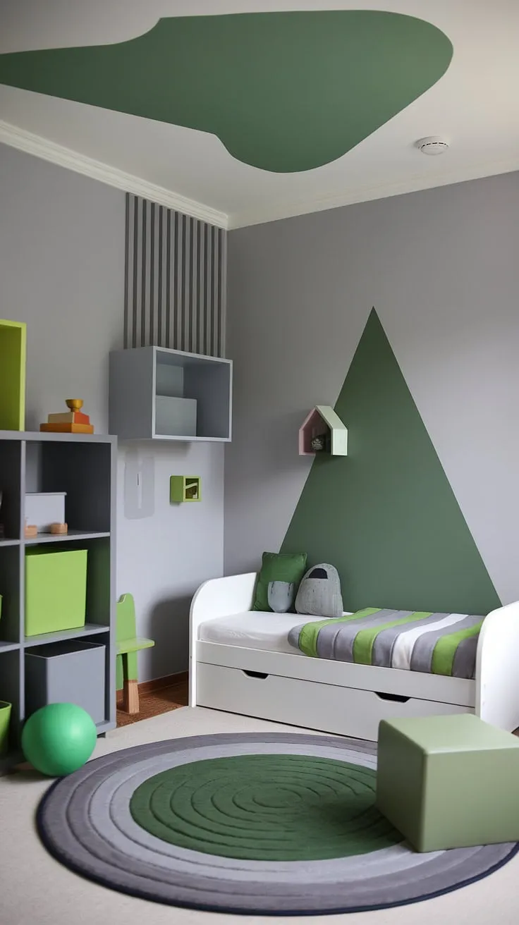 This little one's room is a playful haven of green and gray, a calming yet stimulating space designed to encourage imagination and rest. The geometric wall art and coordinating textiles create a modern, cohesive look, perfect for a toddler's developing world. A thoughtfully curated collection of toys completes the scene, ensuring there's always something fun to explore.