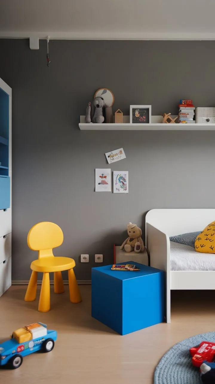 This modern kid's room blends serene gray and white with vibrant yellow and blue accents, creating a stylish yet functional haven filled with carefully curated toys.