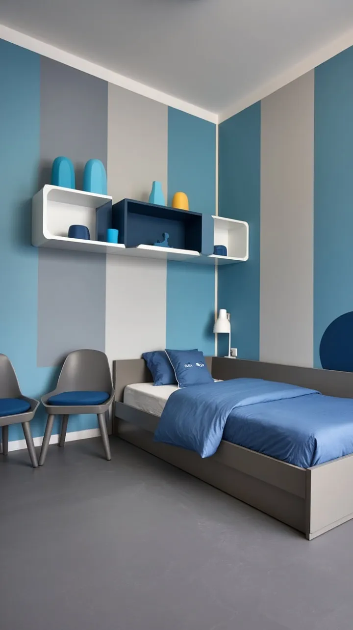 This chic kid's room blends a calming blue and grey palette with sleek furnishings and soft textures, creating a stylish sanctuary for comfort and creativity.