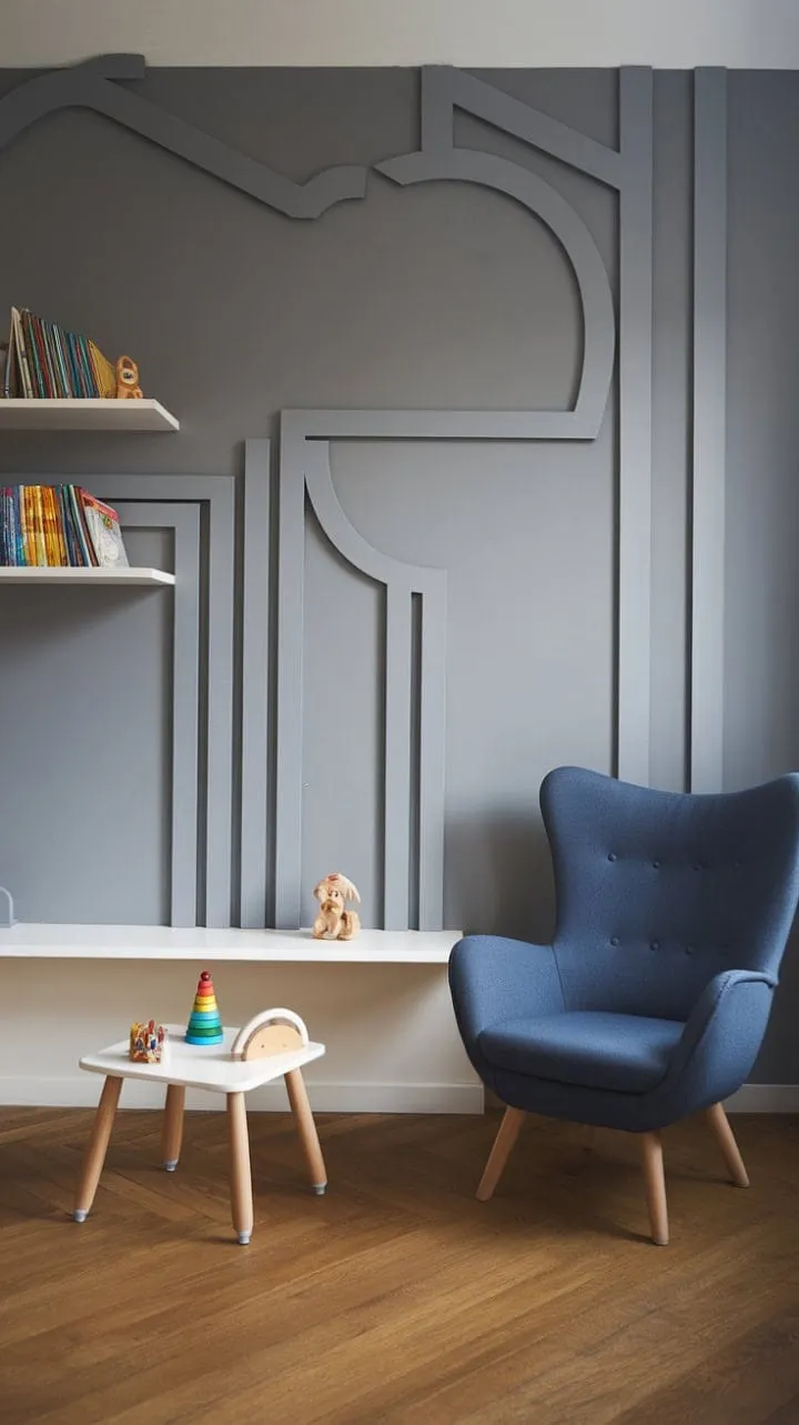 This stylish boy's room harmoniously fuses playful whimsy with sophisticated calm, featuring geometric patterns and a neutral palette for imaginative adventures.