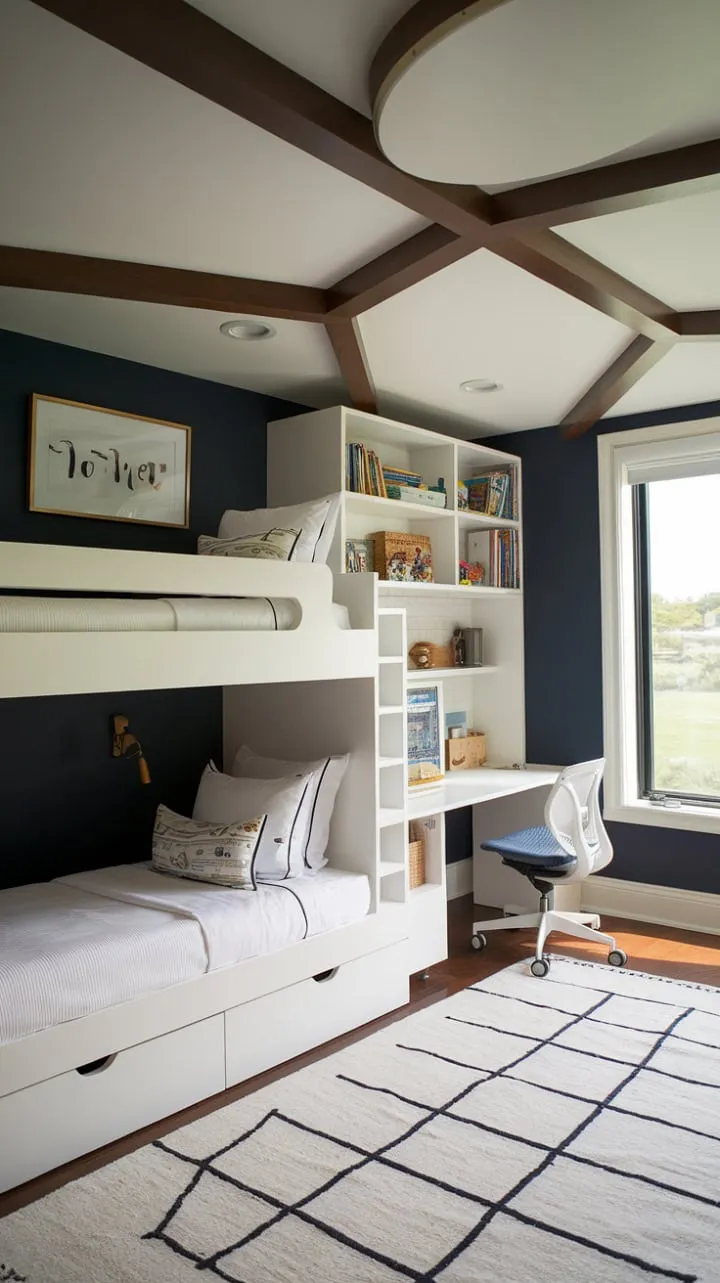 This stylish kids' room blends nautical charm with modern design, featuring calming navy walls, crisp white furniture, and a cozy reading nook, all while maximizing storage and showcasing a stunning view.