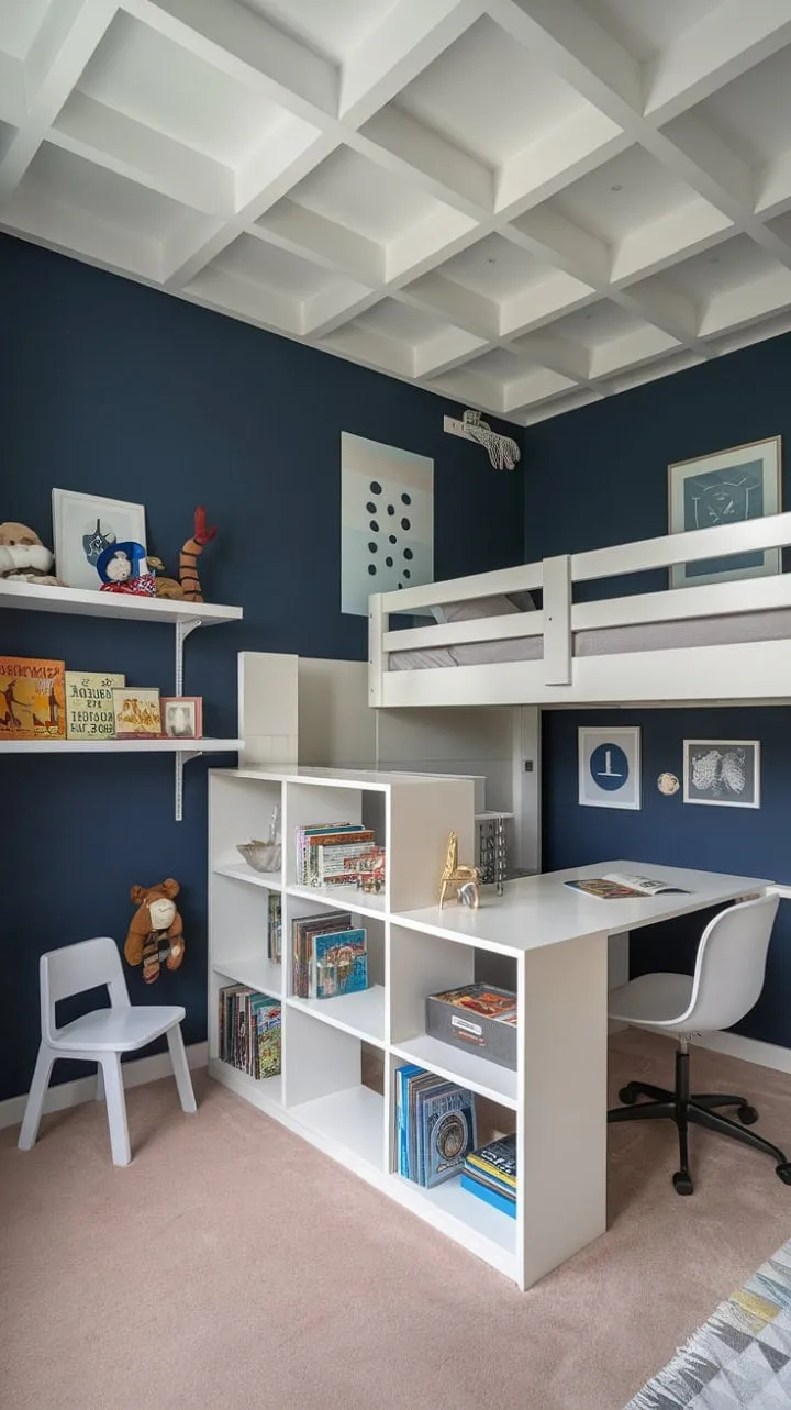 This chic navy and white retreat transforms childhood dreams into reality with a space-maximizing built-in desk and an elegant white bookshelf, perfectly balancing functionality and playfulness.