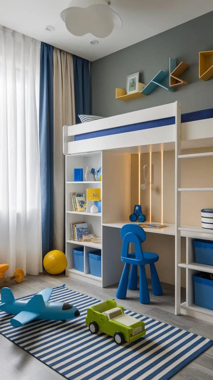 This boy's bedroom is a stylish sanctuary of fun and functionality, where two-toned walls and playful accessories spark endless adventures and learning.