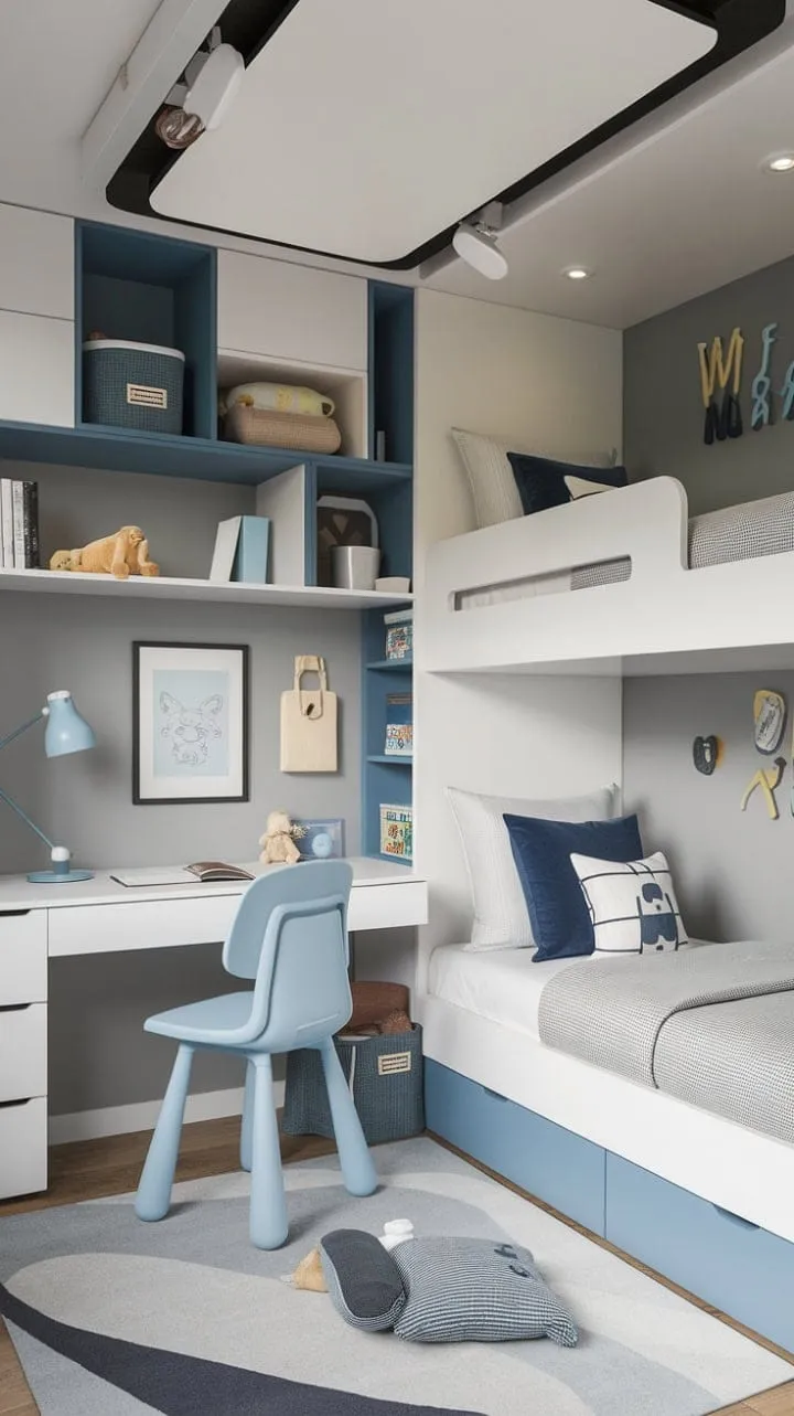 This boys' bedroom blends playful functionality with a calming gray and blue palette, featuring bunk beds, clever storage, and a whimsical whiteboard ceiling that sparks creativity and learning.