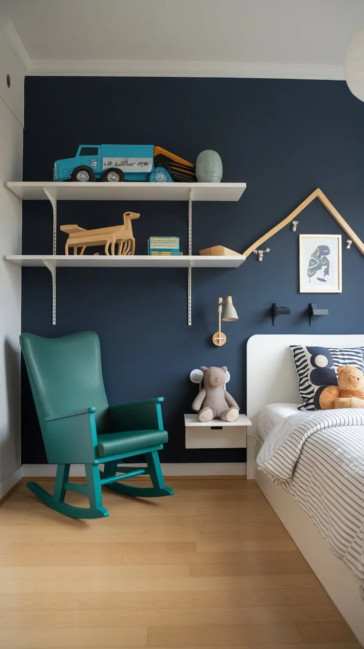 Light wood floors and pops of green accent a stylish yet comforting space for a young child's room.