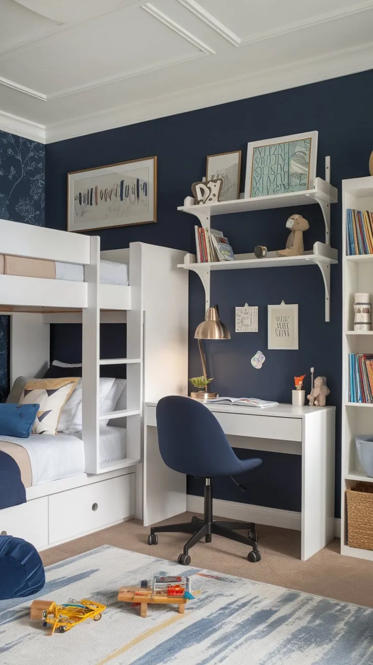 A modern kids' room in navy and white boasts a clean design with a bunk bed, desk, and charmingly cluttered spaces for play and learning.
