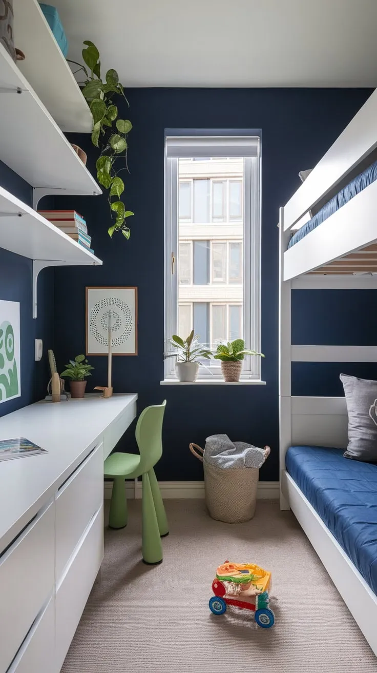 A modern kid's room boasts a navy blue accent wall, white furniture, and pops of color creating a calm yet fun space.
