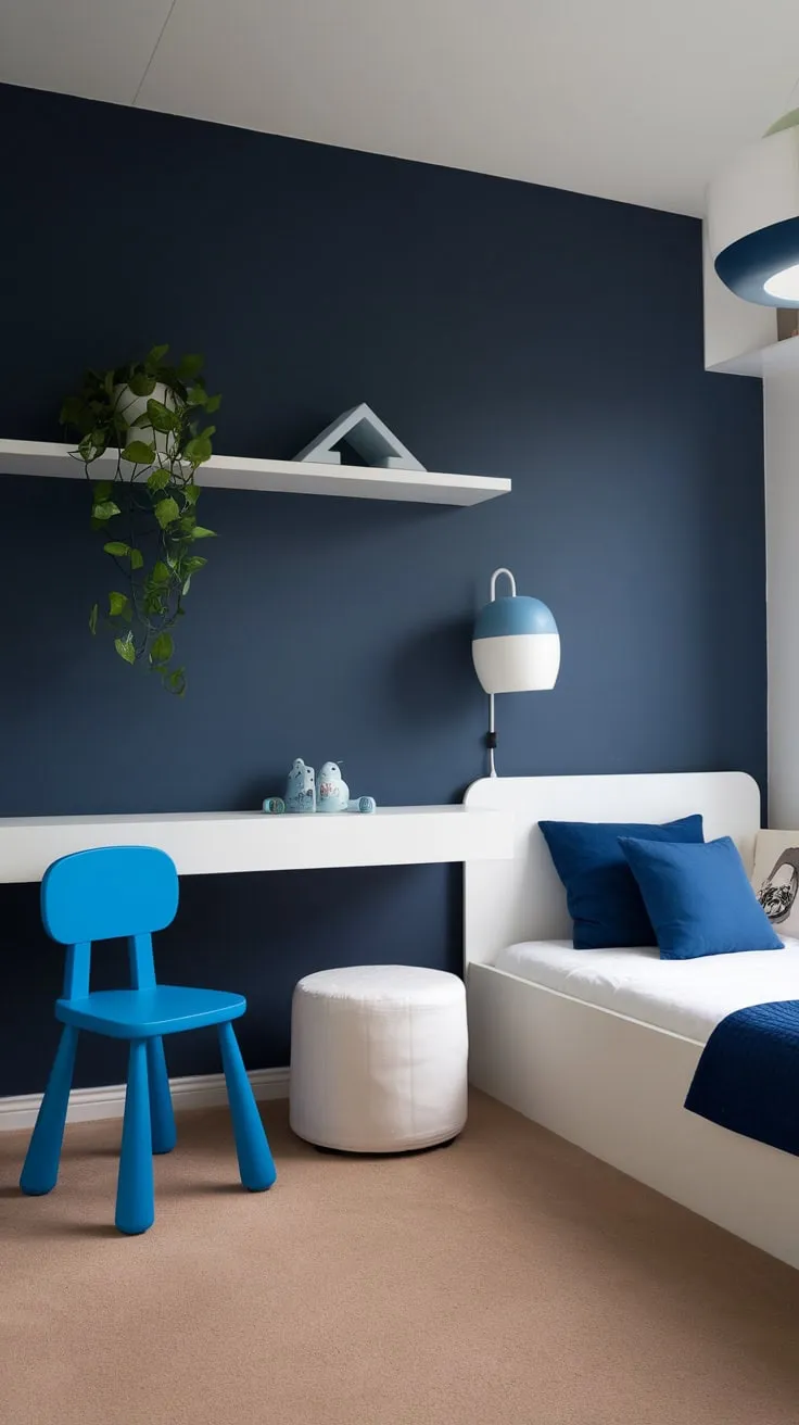 A stylish navy-walled kids room boasts a white bed, blue accents, and a green plant, creating a peaceful and modern atmosphere.