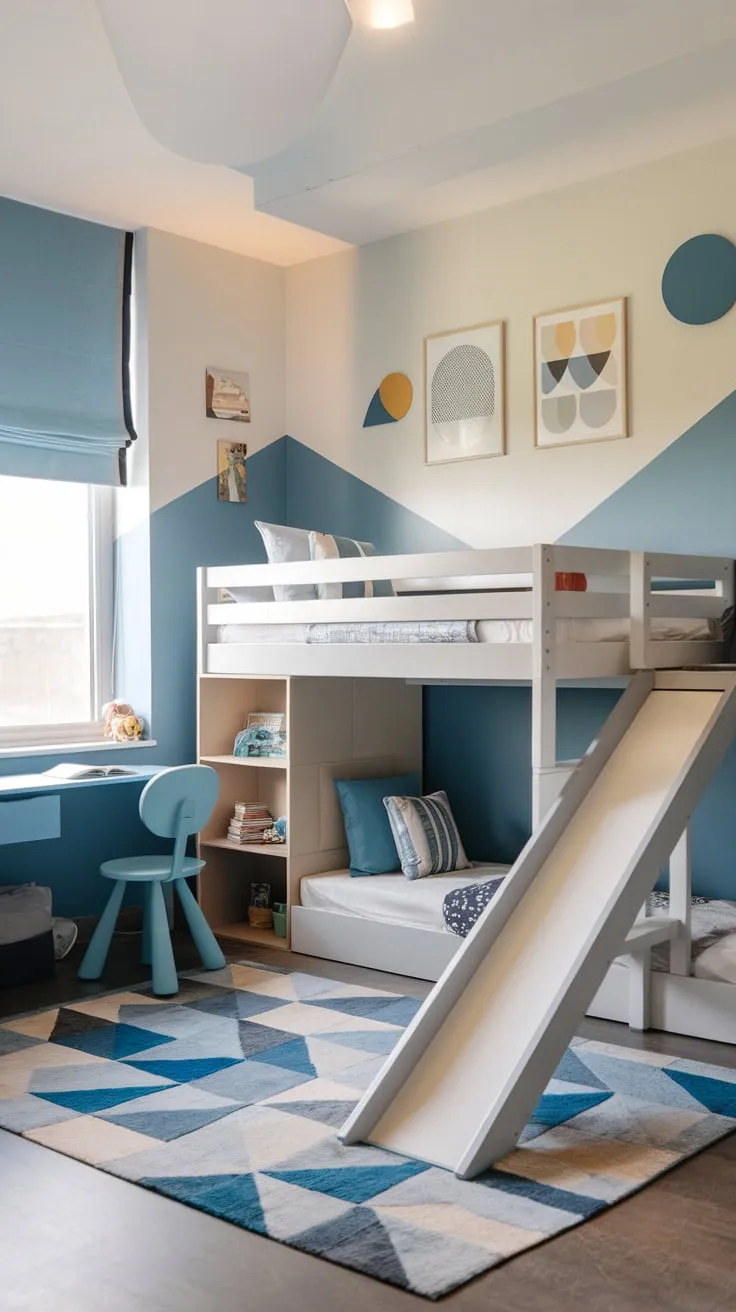 A stylish kids' bedroom boasts a blue and white bunk bed with slide, geometric walls, and playful accents perfect for imaginative fun