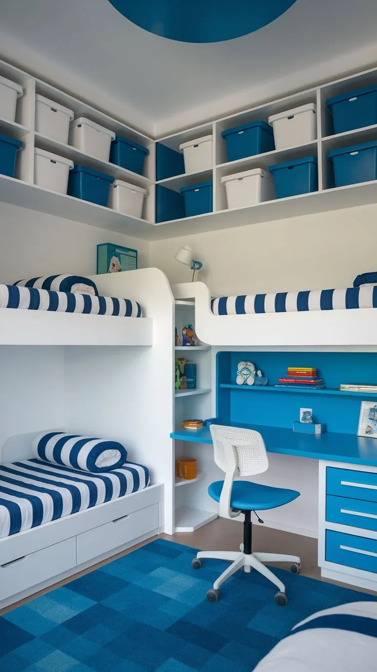 A bright modern kids' bedroom features a blue and white color scheme with bunk beds, desk, and shelving, creating a playful yet organized space.