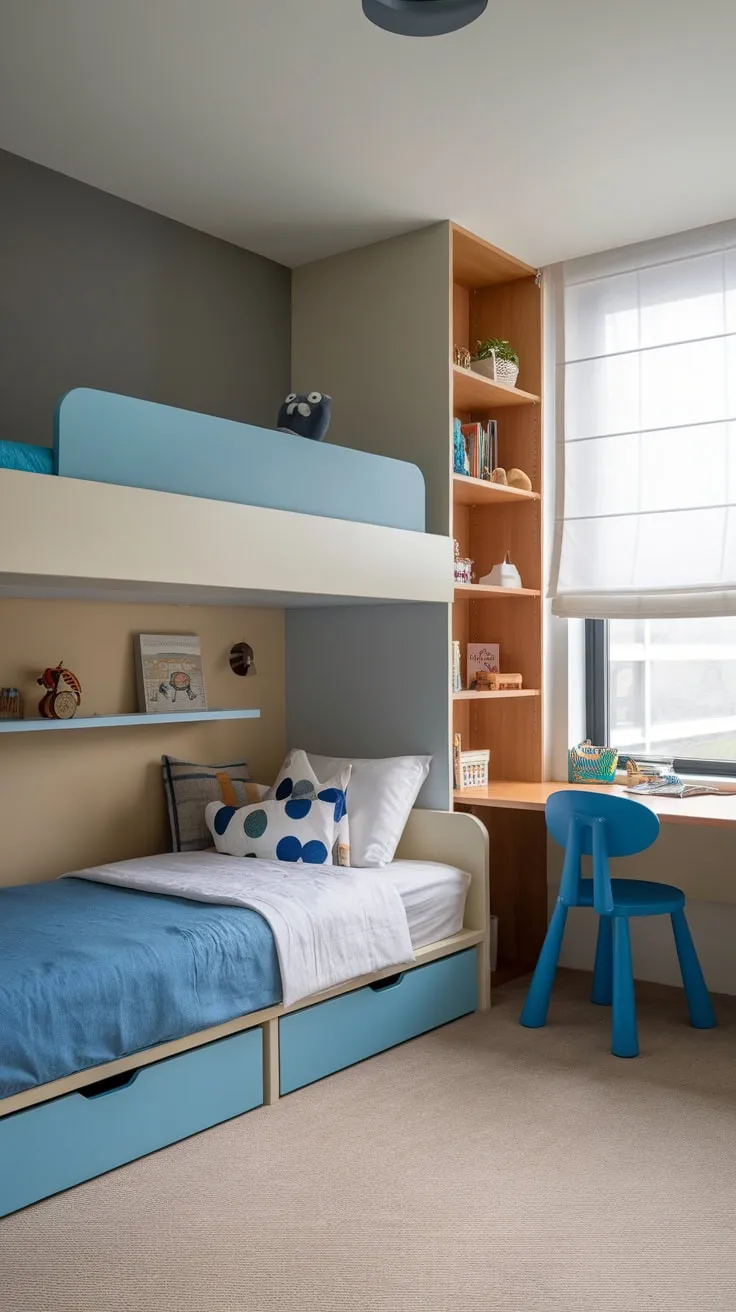 A stylish gray and beige modern bedroom for a four-year-old boy features a bunk bed, desk, and bookshelf, creating a playful yet organized space.