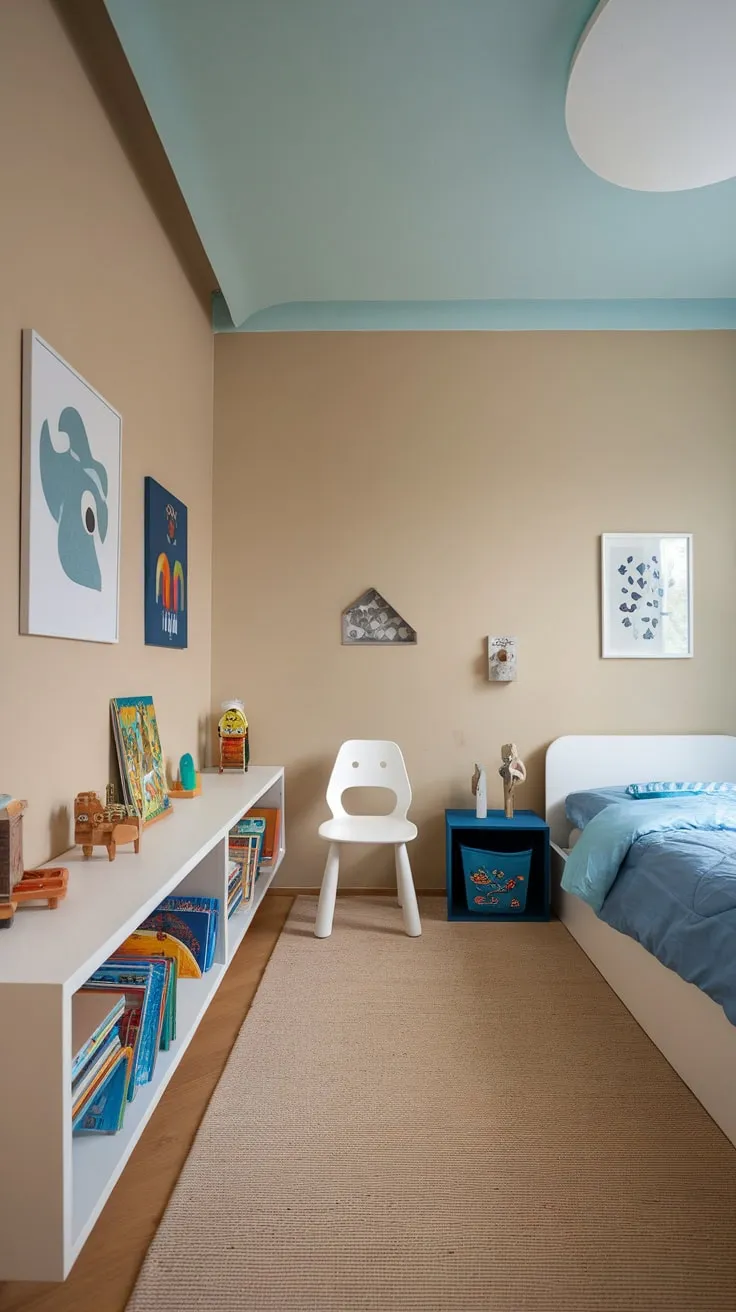 A light blue ceiling and beige walls create a serene modern space for a four-year-old boy, complete with white furniture and pops of blue.