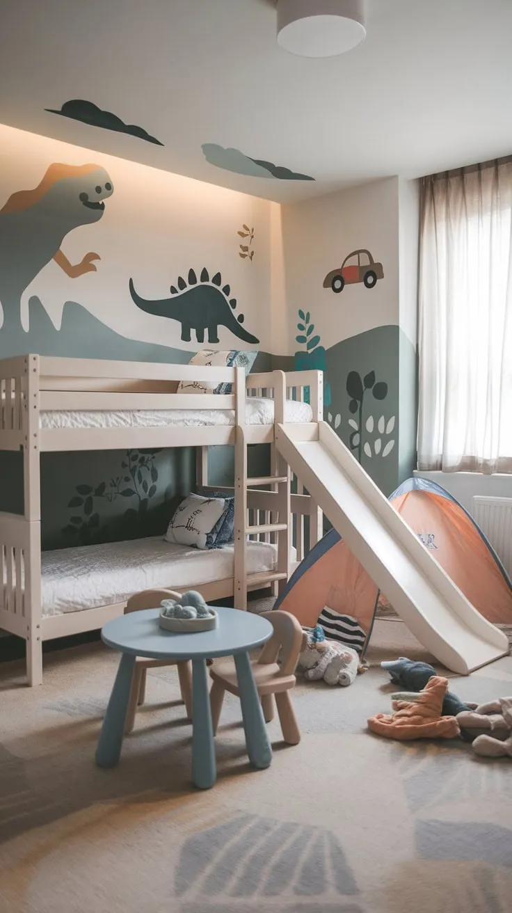 A modern boy's bedroom makeover features bunk beds with a slide, dinosaur murals, a play tent, and a plush toy-strewn floor, creating a fun and imaginative space.