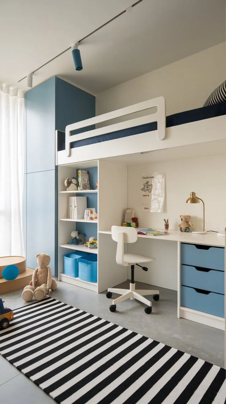 A sleek and functional modern kids' room blends a bunk bed, study area, and beloved toys in a calming black, white, and blue palette.
