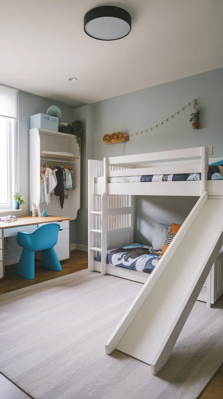 A light gray toddler boy's room features a white bunk bed with slide, a desk, and playful touches for modern comfort