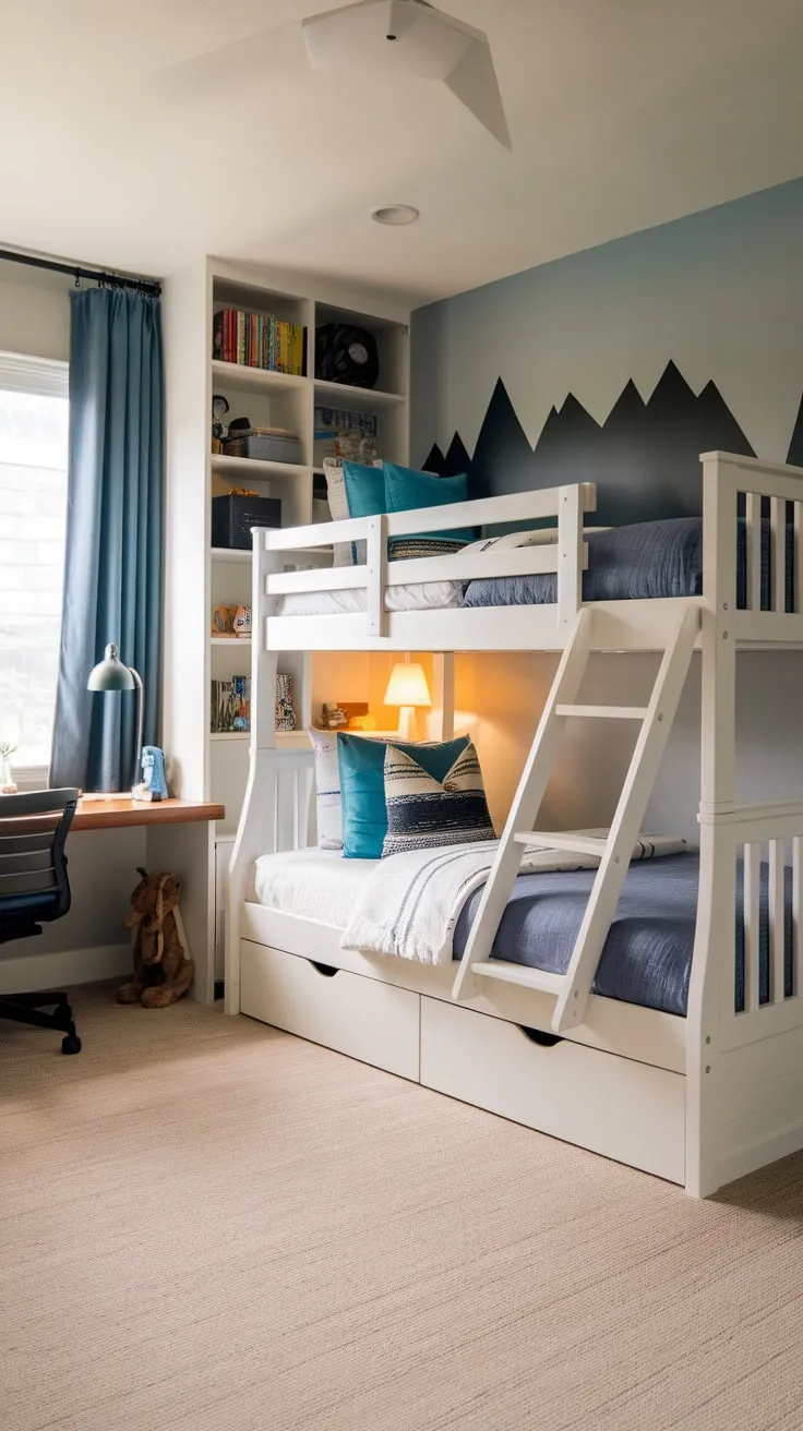 Modern bunk beds and a calming mountain scene transform this boy's bedroom into a sophisticated yet fun space for learning and play.