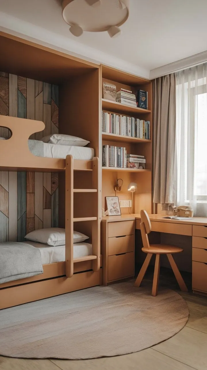 In this enchanting toddler haven, adventure springs to life with cozy bunk beds, a whimsical reading nook, and a creative play desk, inspiring young explorers to dream big and soar high.