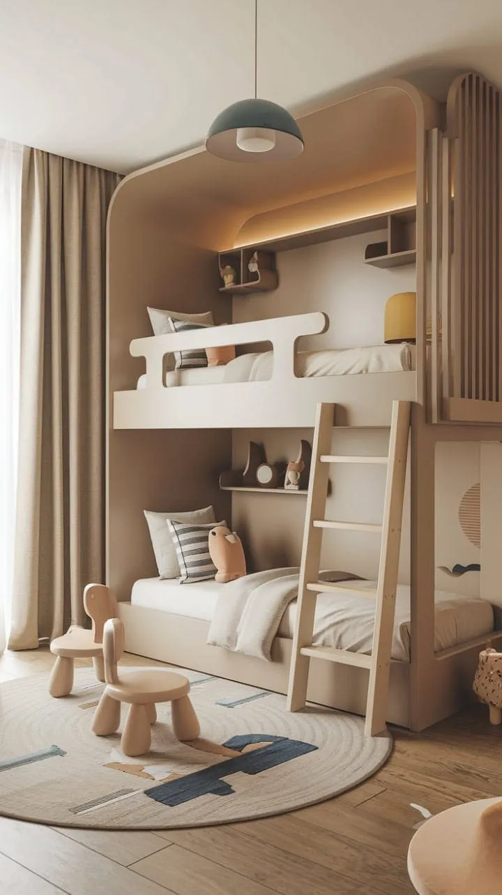 This charming bedroom blends a neutral palette with practical features, creating a nurturing environment where a child's personality can flourish through play and rest.