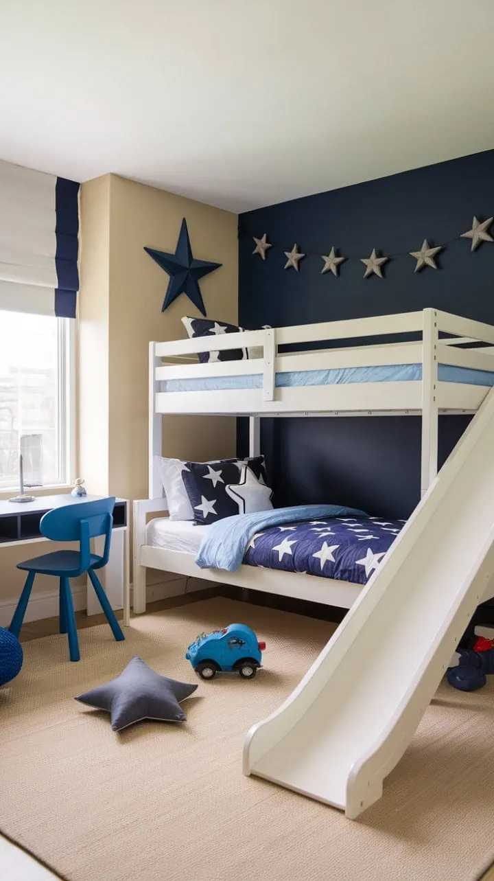 This imaginative boy's bedroom, featuring a bunk bed with a slide and a cozy reading nook, is a stellar sanctuary for young adventurers.