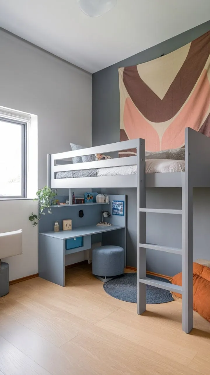 This vibrant kids' room masterfully blends style and function, featuring a loft bed and built-in desk that transform a small space into a creative sanctuary for learning and dreaming.