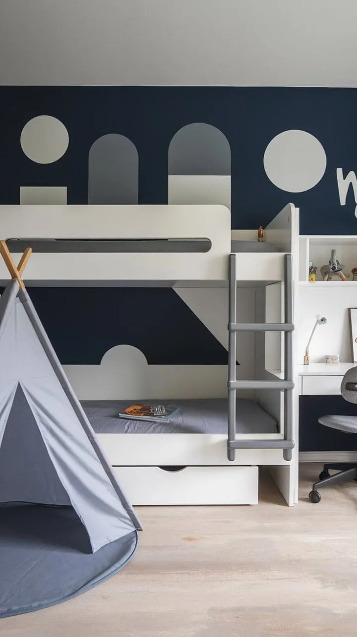 This chic navy and white room transforms modern design into a whimsical playground for a four-year-old, featuring geometric walls, bunk beds, and a cozy play tent.