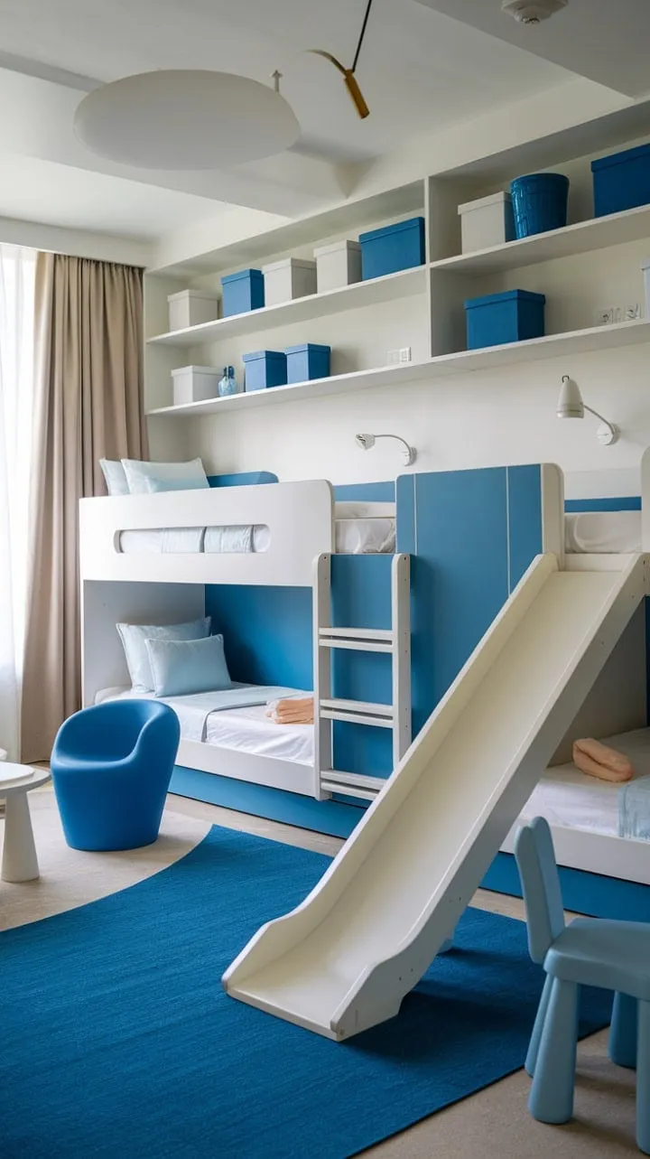 This whimsical blue and white bedroom transforms into a ship of adventure, featuring a slide and reading nook for endless childhood joy.