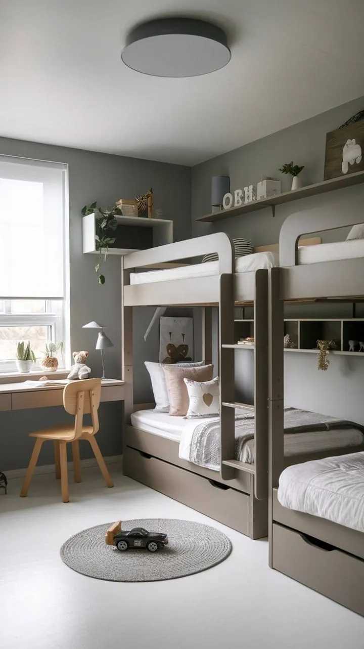 This stylish four-year-old's retreat features sophisticated gray walls and white furniture, harmoniously blending rest and play with vibrant personal touches.